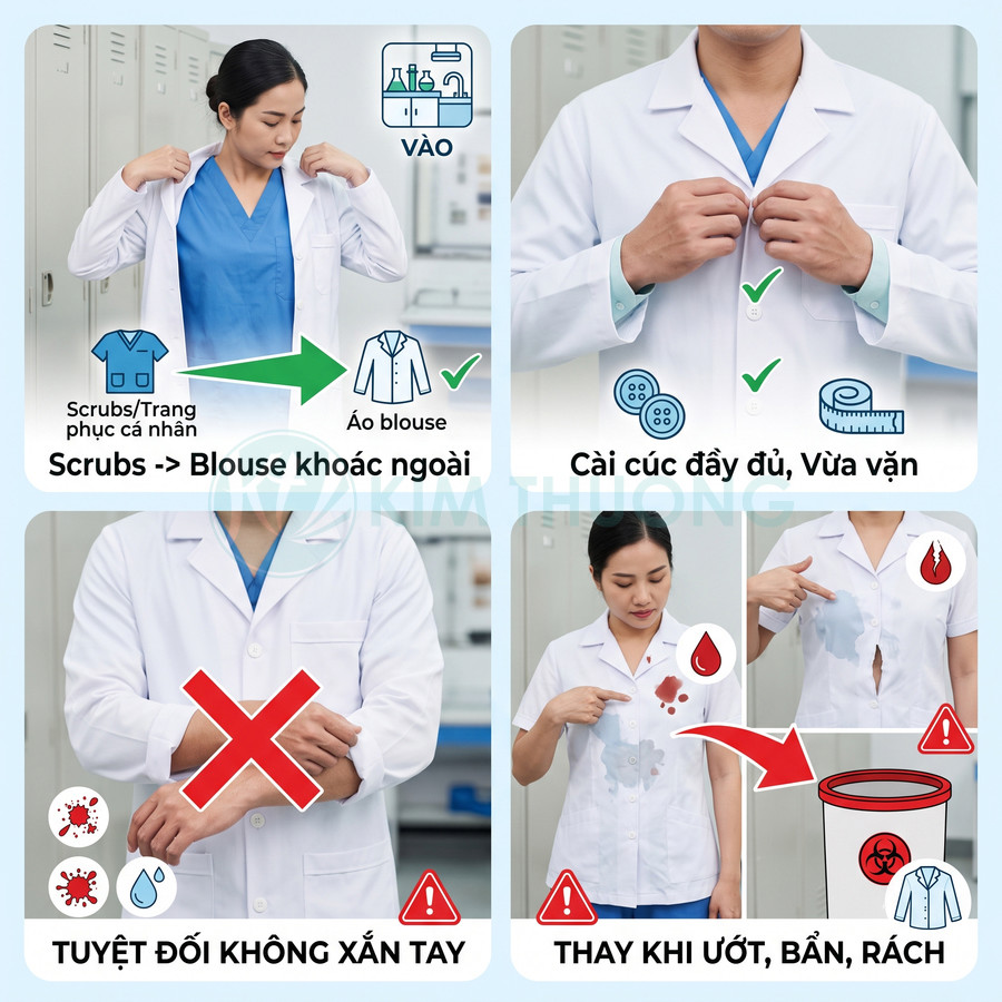 Hướng dẫn mặc áo blouse y tế đúng cách, cài cúc kín, không xắn tay và thay áo khi ướt bẩn rách