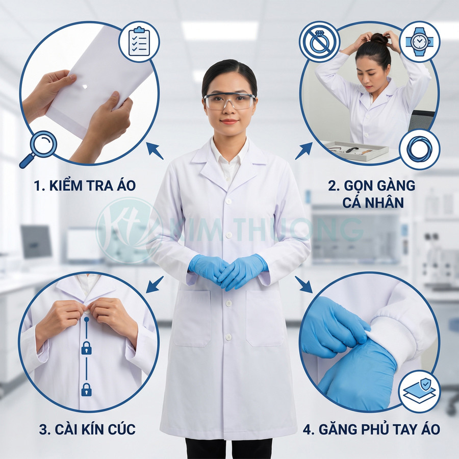 Nhân viên phòng thí nghiệm mặc áo blouse trắng và găng tay xanh, minh họa cách kiểm tra áo, cài cúc và phủ kín cổ tay áo