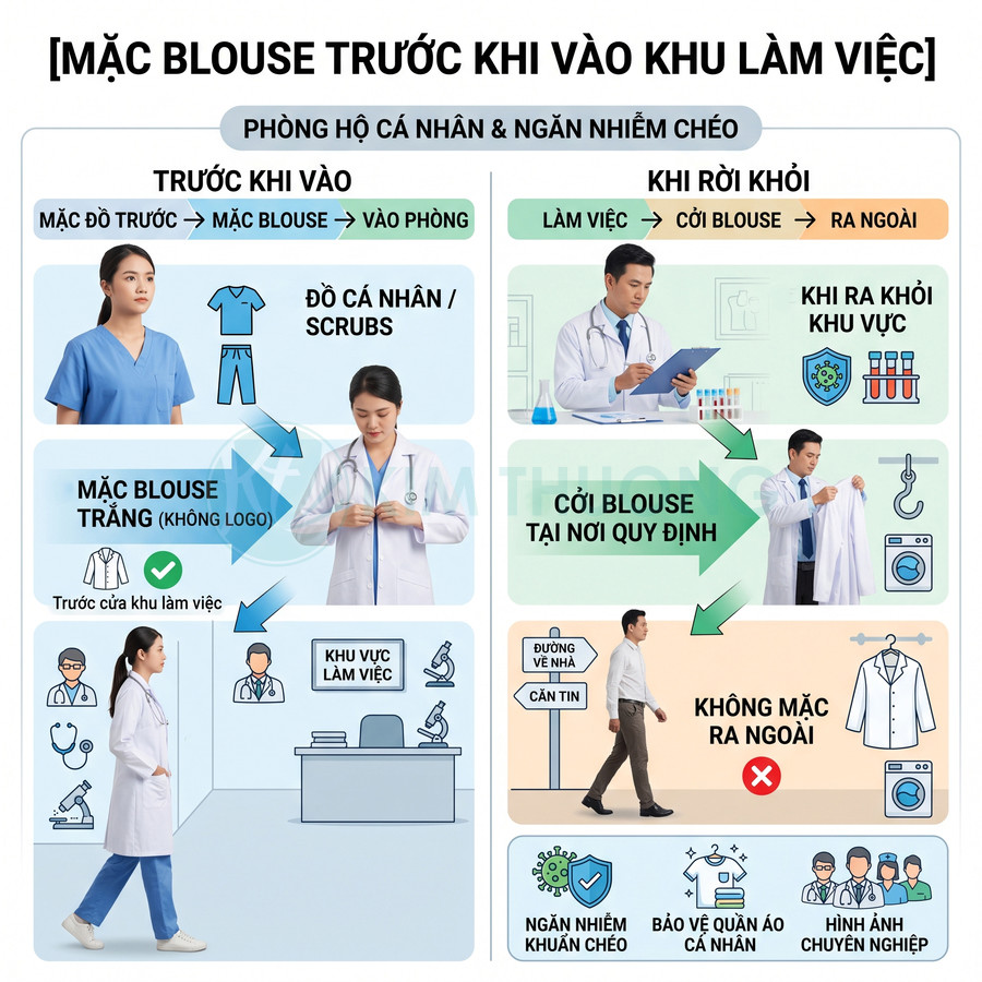 Hướng dẫn bác sĩ mặc và cởi áo blouse đúng quy trình để bảo hộ cá nhân và ngăn nhiễm khuẩn chéo