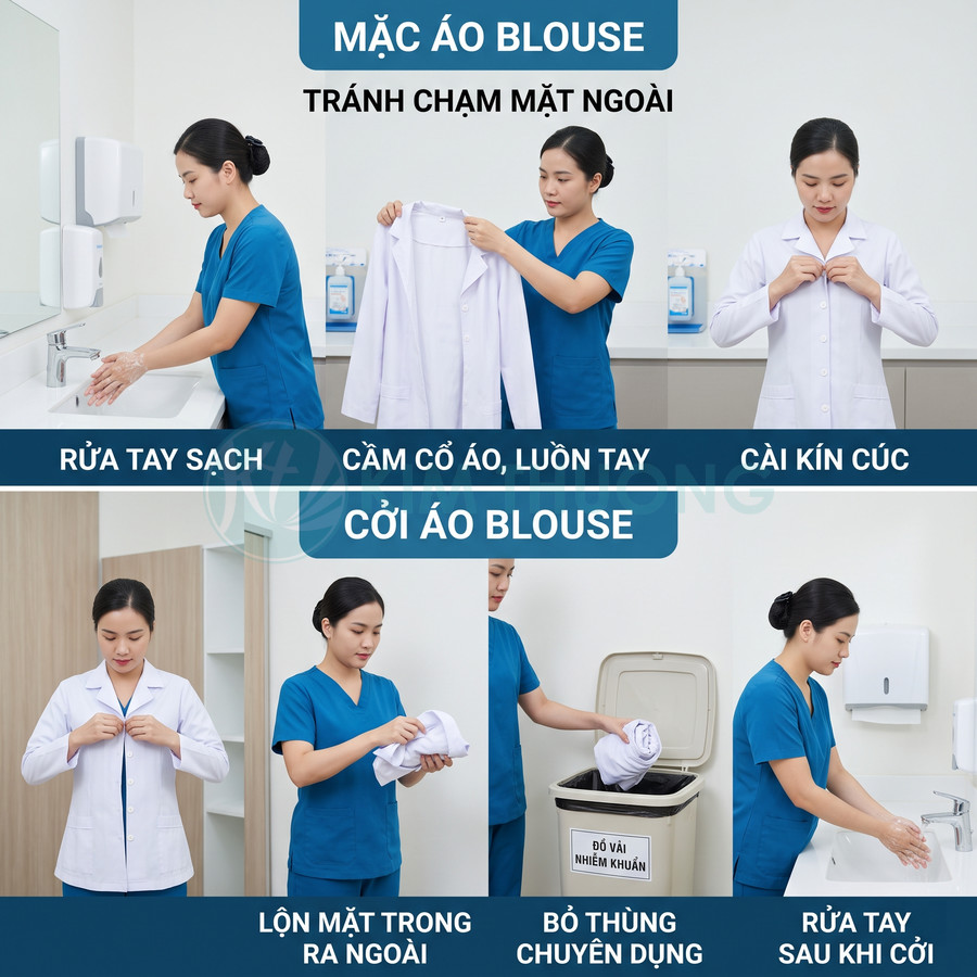 Điều dưỡng nữ hướng dẫn quy trình mặc và cởi áo blouse trắng, rửa tay và bỏ áo vào thùng vải nhiễm khuẩn