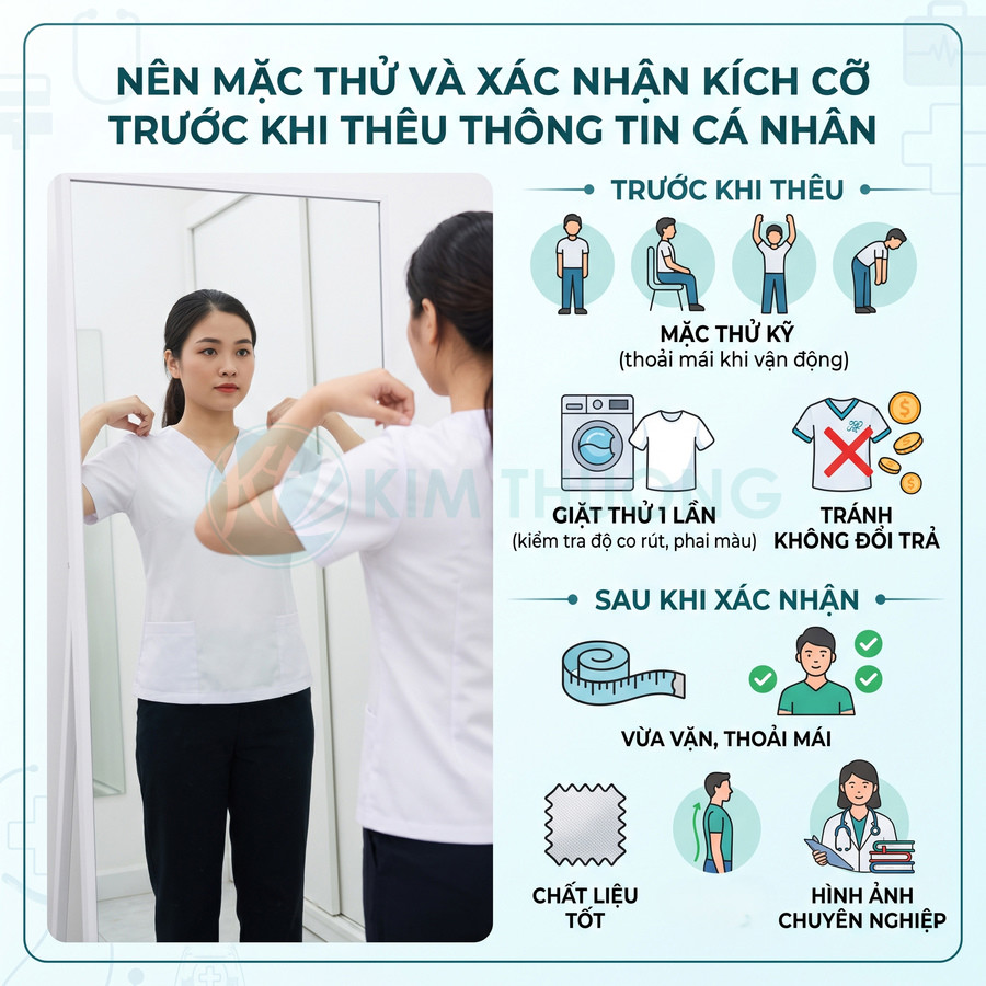 Nữ nhân viên y tế mặc thử đồng phục áo blouse trắng trước gương, hướng dẫn chọn size và kiểm tra chất liệu trước khi thêu tên