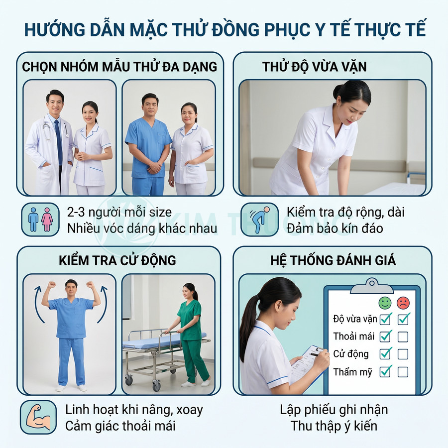 Hướng dẫn chọn và thử đồng phục y tế cho bác sĩ, y tá với nhiều size, kiểm tra độ vừa vặn và thoải mái