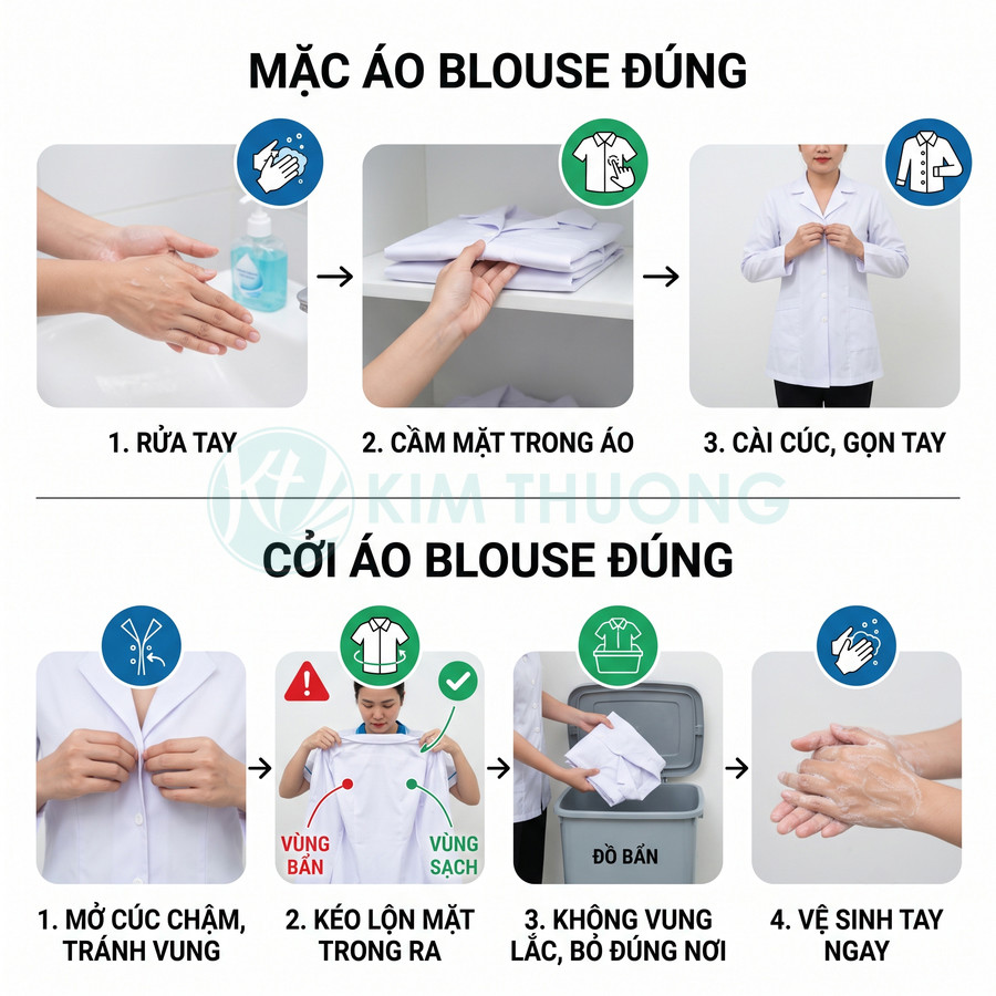 Hướng dẫn từng bước cách mặc và cởi áo blouse y tế đúng chuẩn và vệ sinh tay