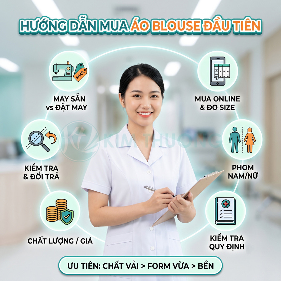 Nữ nhân viên y tế mặc áo blouse trắng cầm bảng ghi chú, minh họa hướng dẫn chọn mua áo blouse đầu tiên