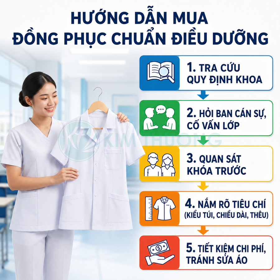 Nữ điều dưỡng mặc đồng phục trắng cầm áo blouse treo móc cạnh hướng dẫn mua đồng phục chuẩn điều dưỡng
