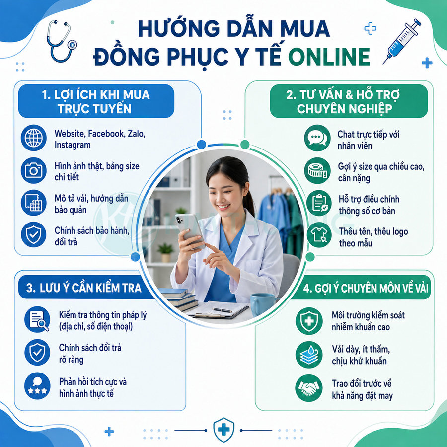 Bác sĩ mặc đồng phục y tế màu xanh trắng tư vấn mua áo blouse online trên điện thoại