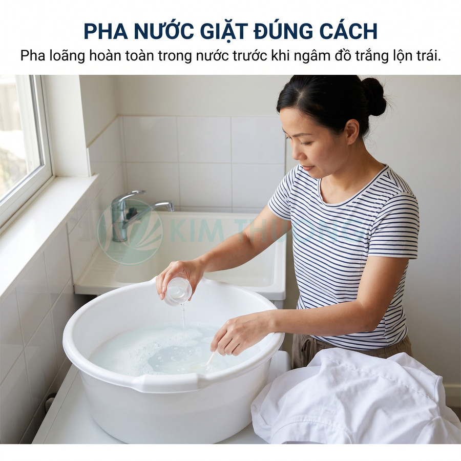 Người phụ nữ pha loãng nước giặt vào chậu nhựa trắng để ngâm áo sơ mi trắng