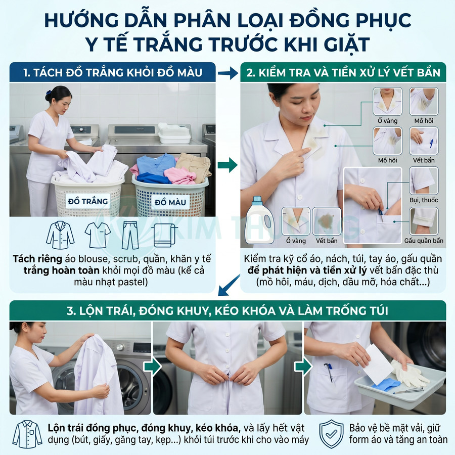 Hướng dẫn phân loại và xử lý vết bẩn trên đồng phục y tế trắng trước khi giặt trong tiệm giặt là