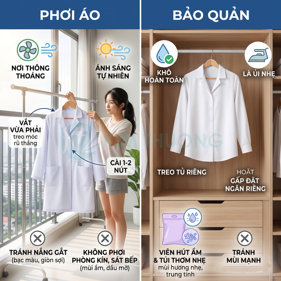 Hướng dẫn phơi và bảo quản áo blouse trắng trên móc treo và trong tủ gỗ gọn gàng