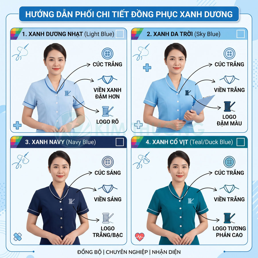 Mẫu đồng phục y tế nữ màu xanh dương nhiều sắc độ với viền cổ tay tương phản và logo thêu trước ngực