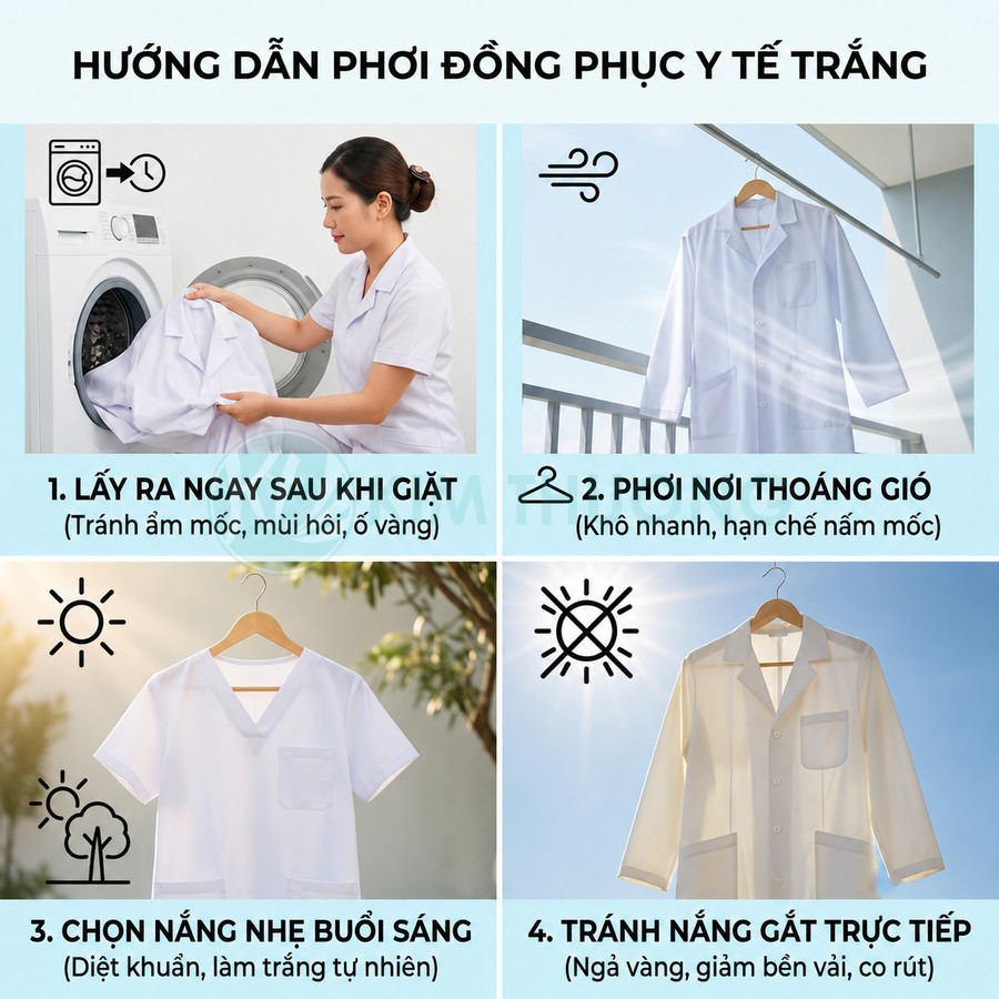 Hướng dẫn phơi đồng phục y tế trắng đúng cách để giữ áo blouse sạch và bền màu