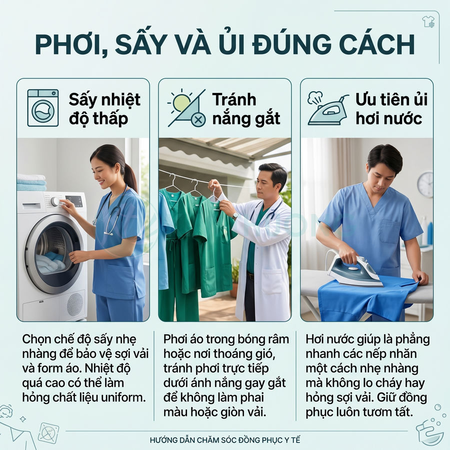 Hướng dẫn phơi sấy ủi đồng phục y tế với máy sấy nhiệt độ thấp, phơi tránh nắng gắt và ưu tiên bàn ủi hơi nước