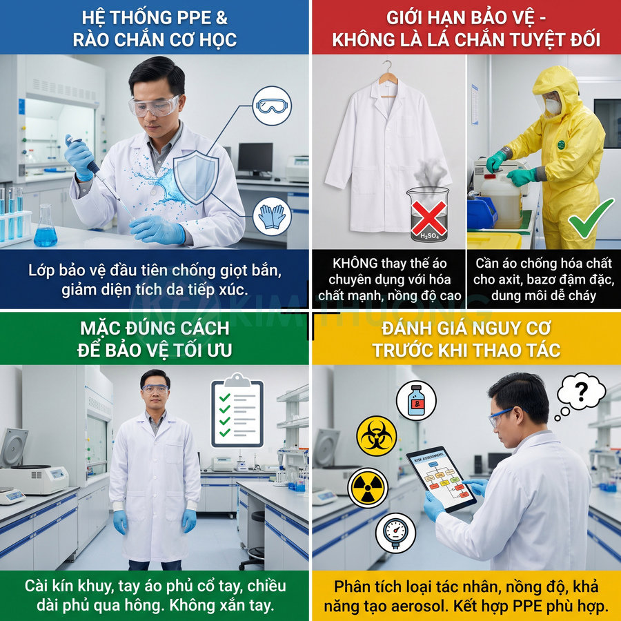 Hướng dẫn sử dụng áo blouse, kính và găng tay bảo hộ trong phòng thí nghiệm hóa chất, đánh giá nguy cơ trước khi thao tác