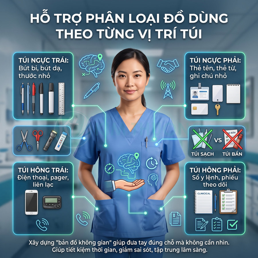 Đồng phục y tá xanh dương với nhiều túi đựng bút, kéo, điện thoại và giấy tờ được phân loại theo từng vị trí