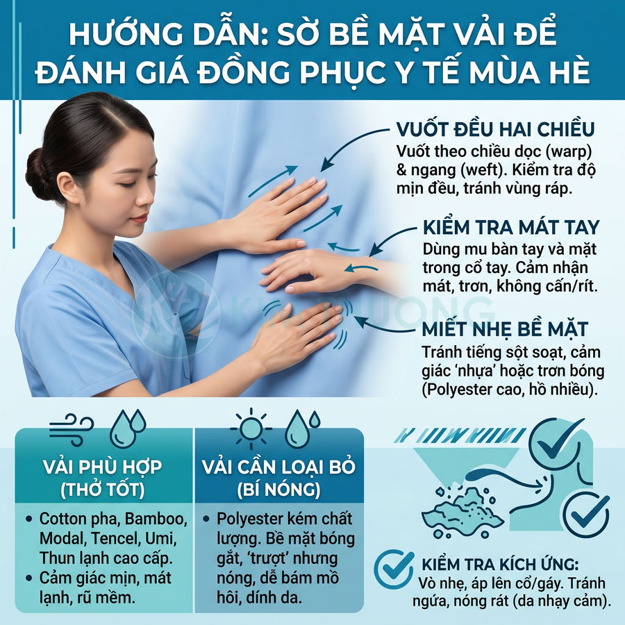 Hướng dẫn kiểm tra chất liệu vải đồng phục y tế mùa hè bằng cách sờ bề mặt và chọn loại vải phù hợp