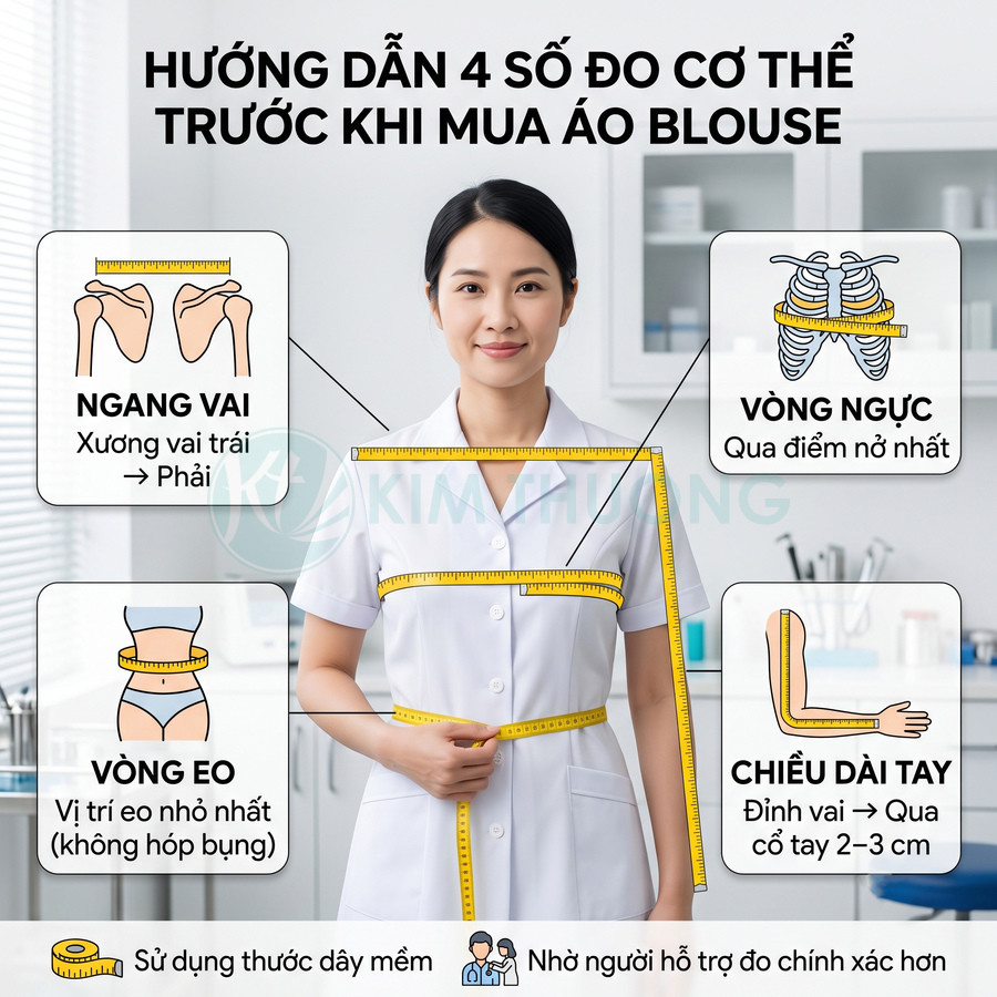 Hướng dẫn đo số đo cơ thể để chọn size áo blouse y tế cho nữ bằng thước dây mềm