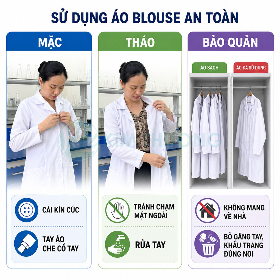 Hướng dẫn mặc tháo và bảo quản áo blouse trắng trong phòng thí nghiệm an toàn
