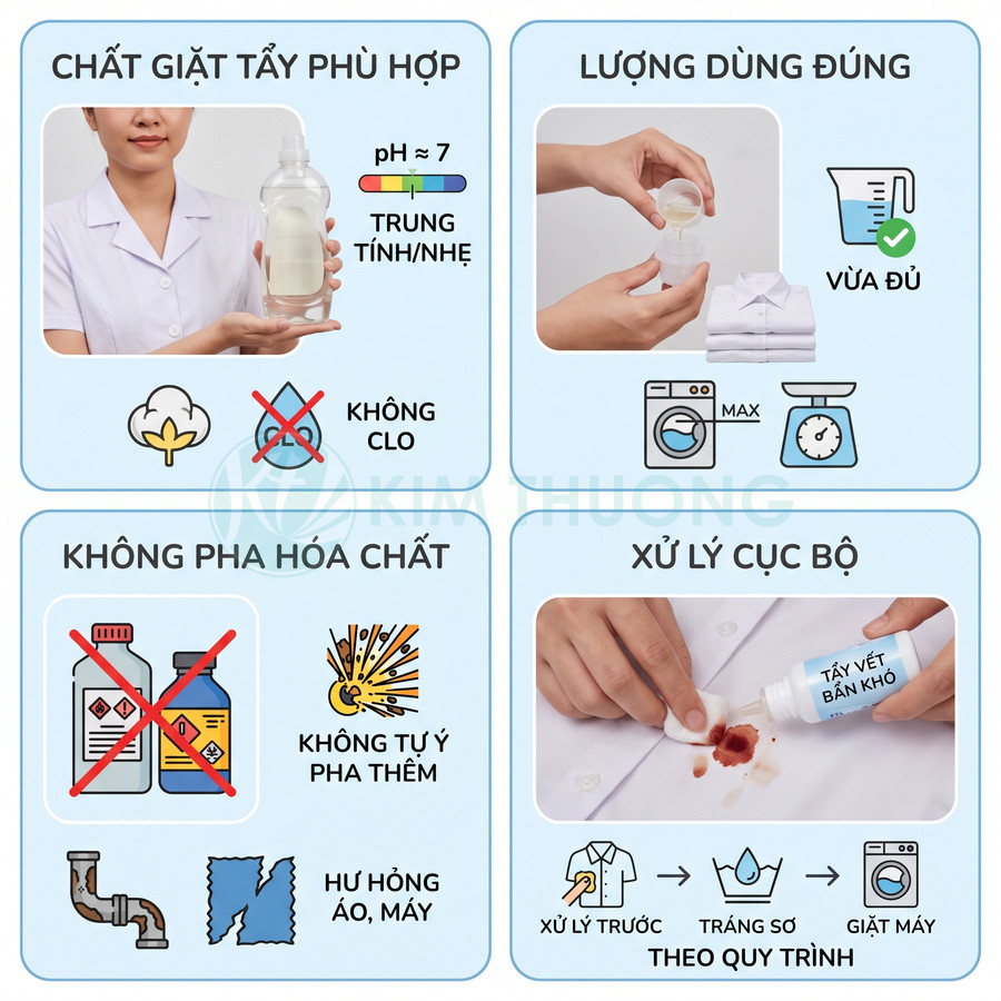 Hướng dẫn sử dụng chất tẩy vết bẩn quần áo: chọn loại trung tính không clo, dùng vừa đủ, không pha thêm hóa chất và xử lý vết bẩn trước khi giặt máy.