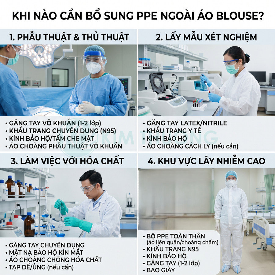 Nhân viên y tế mang đầy đủ đồ bảo hộ PPE trong phòng mổ, phòng xét nghiệm, làm việc hóa chất và khu vực lây nhiễm cao