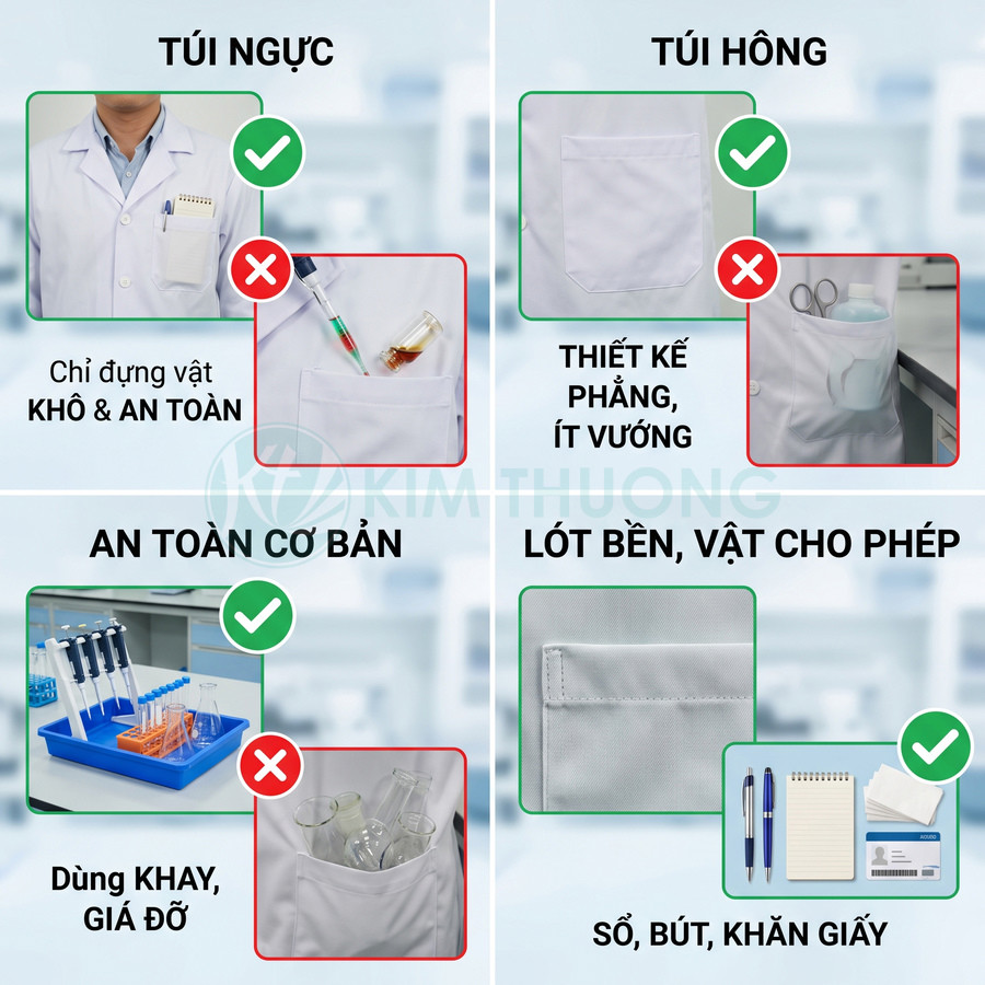 Áo blouse y tế với túi ngực và túi hông phẳng, phù hợp đựng sổ, bút và khăn giấy an toàn.