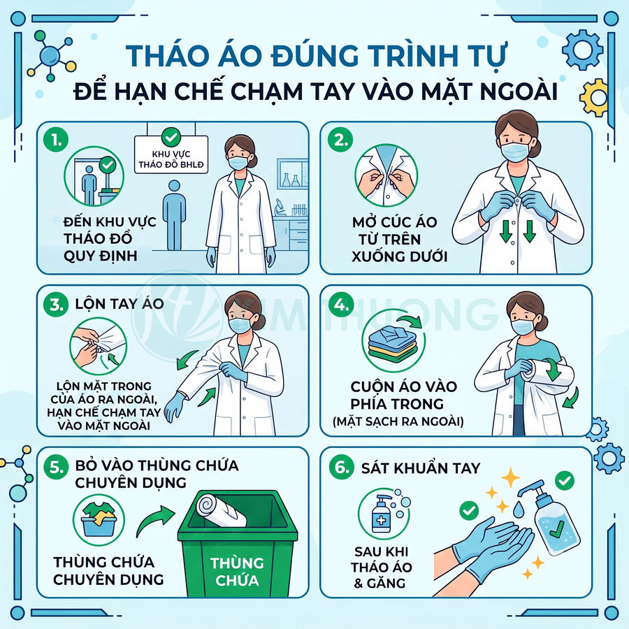 Hướng dẫn từng bước tháo áo bảo hộ y tế đúng cách và sát khuẩn tay để hạn chế chạm vào mặt ngoài