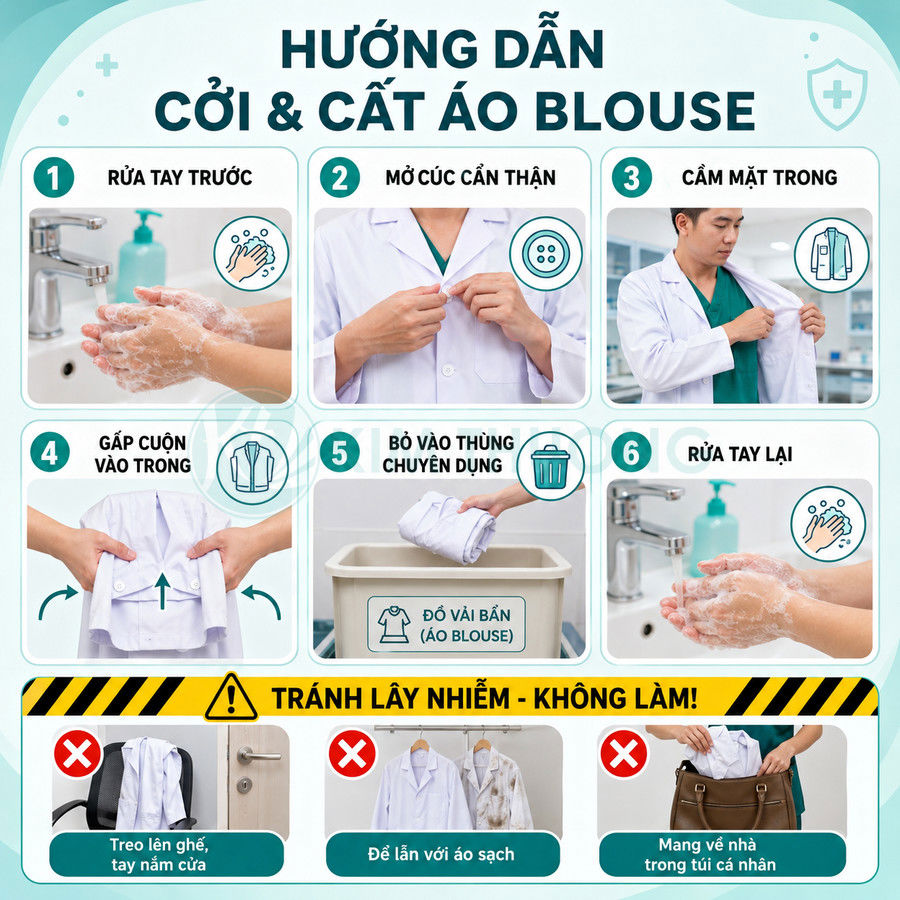Hướng dẫn từng bước cởi và cất áo blouse y tế đúng cách để tránh lây nhiễm trong bệnh viện
