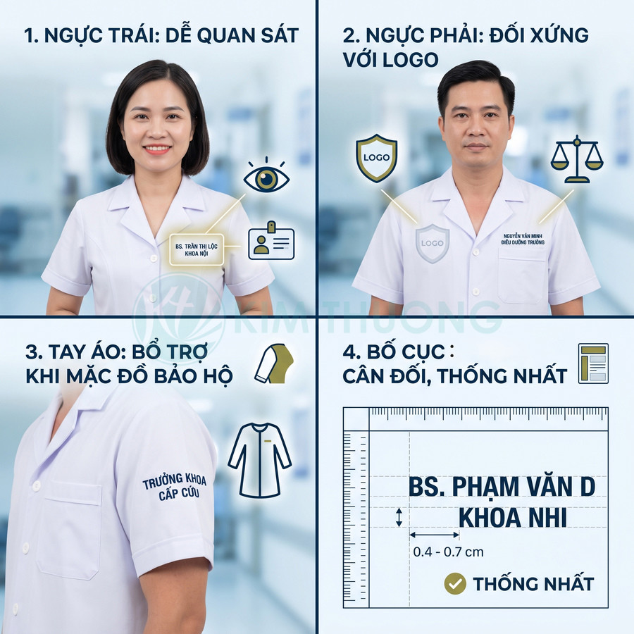 Hướng dẫn vị trí in bảng tên nhân viên y tế trên áo blouse trắng cho bác sĩ và điều dưỡng