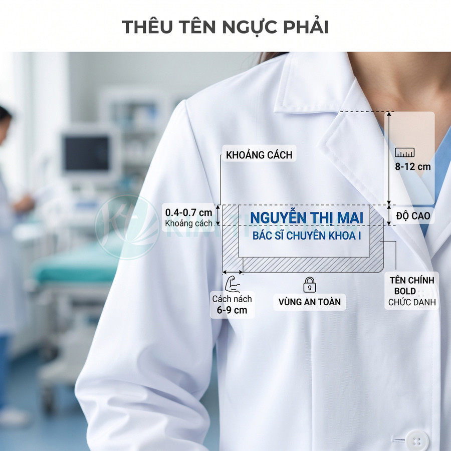 Hướng dẫn thêu tên bác sĩ trên áo blouse trắng ở ngực phải với vị trí và khoảng cách chuẩn