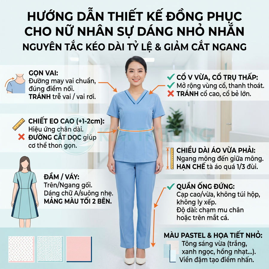 Nữ nhân viên y tế mặc bộ đồng phục scrub màu xanh pastel, áo cổ tim và quần ống đứng gọn gàng trong hành lang bệnh viện