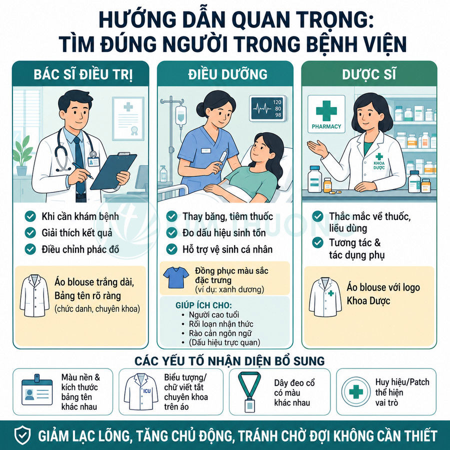 Infographic hướng dẫn phân biệt bác sĩ điều trị, điều dưỡng và dược sĩ trong bệnh viện bằng trang phục và bảng tên