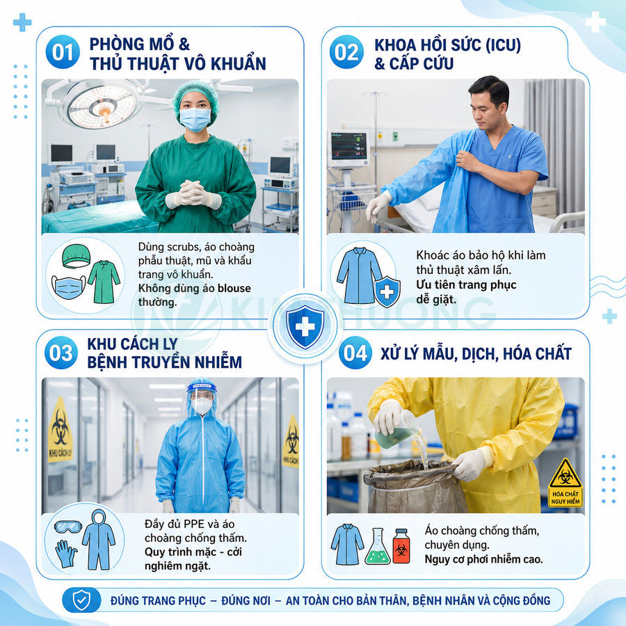 Hướng dẫn chọn trang phục bảo hộ y tế đúng chuẩn cho phòng mổ, ICU, khu cách ly và xử lý mẫu hóa chất