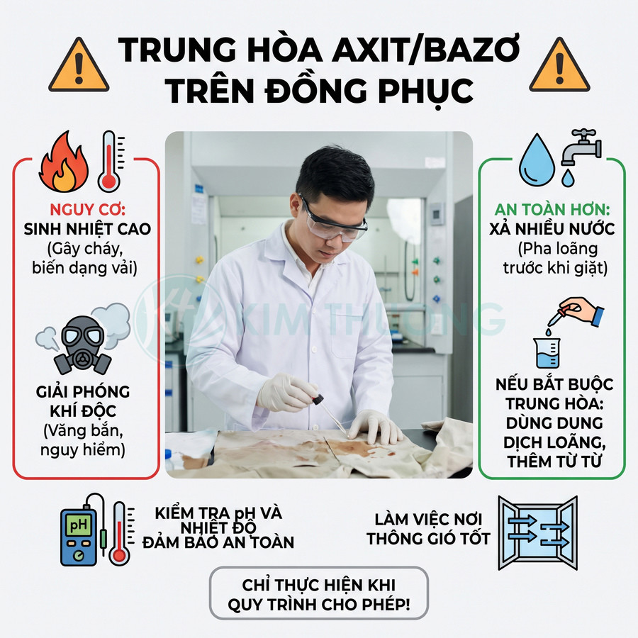 Nhân viên phòng thí nghiệm xử lý vết axit hoặc bazơ trên đồng phục, kèm hướng dẫn an toàn và cảnh báo nguy cơ sinh nhiệt, khí độc.