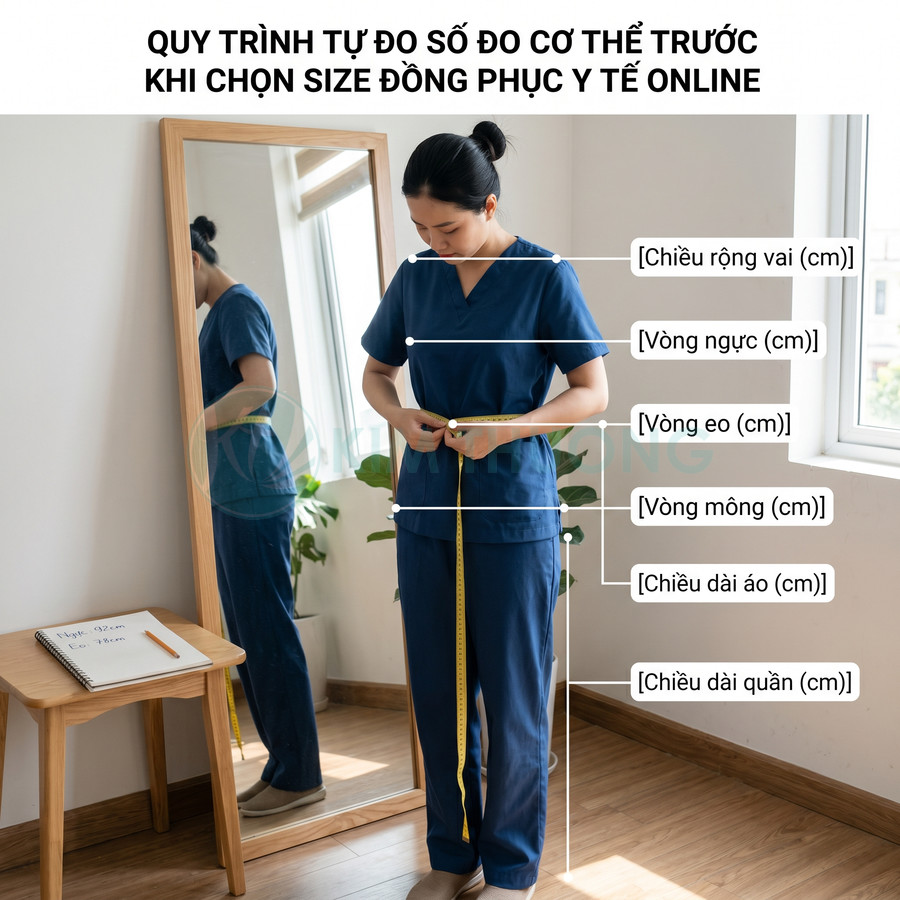 Nhân viên y tế mặc đồng phục xanh tự đo số đo cơ thể bằng thước dây để chọn size quần áo y tế online