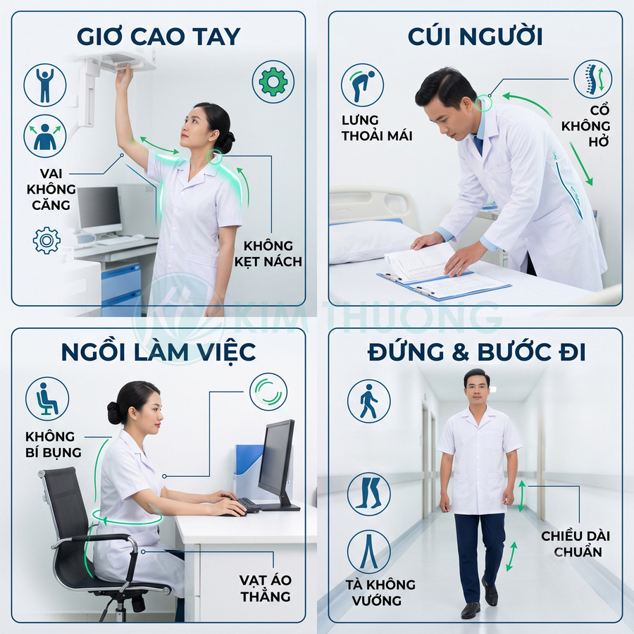 Hướng dẫn tư thế cho nhân viên y tế khi giơ tay cúi người ngồi làm việc và đi lại trong bệnh viện