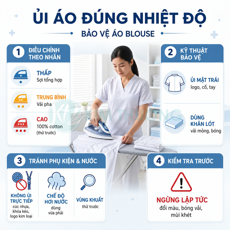 Người phụ nữ ủi áo blouse trắng trên bàn ủi, hướng dẫn cách chỉnh nhiệt độ và bảo vệ áo khi là