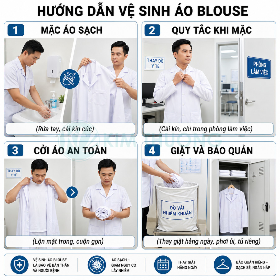 Hướng dẫn vệ sinh áo blouse y tế với các bước mặc, cởi, giặt và bảo quản áo sạch an toàn