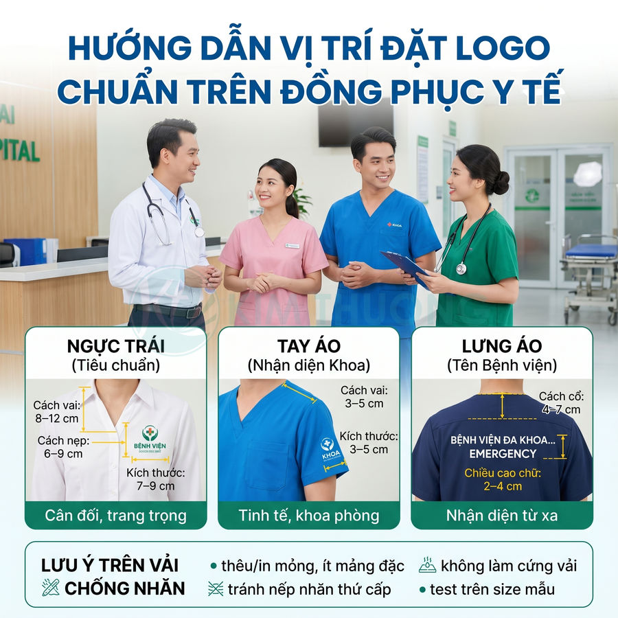 Hướng dẫn vị trí đặt logo trên đồng phục y tế với bác sĩ và y tá mặc áo blouse, scrub nhiều màu trong bệnh viện
