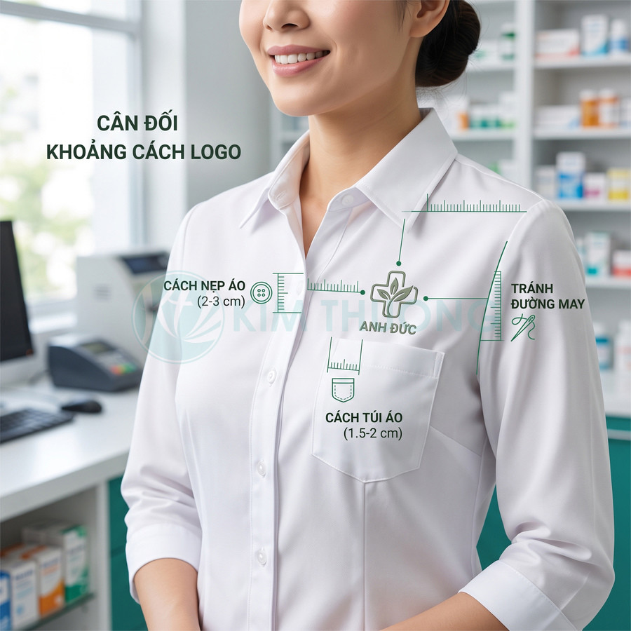 Hướng dẫn vị trí in logo Anh Đức trên áo sơ mi trắng đồng phục nhân viên nữ