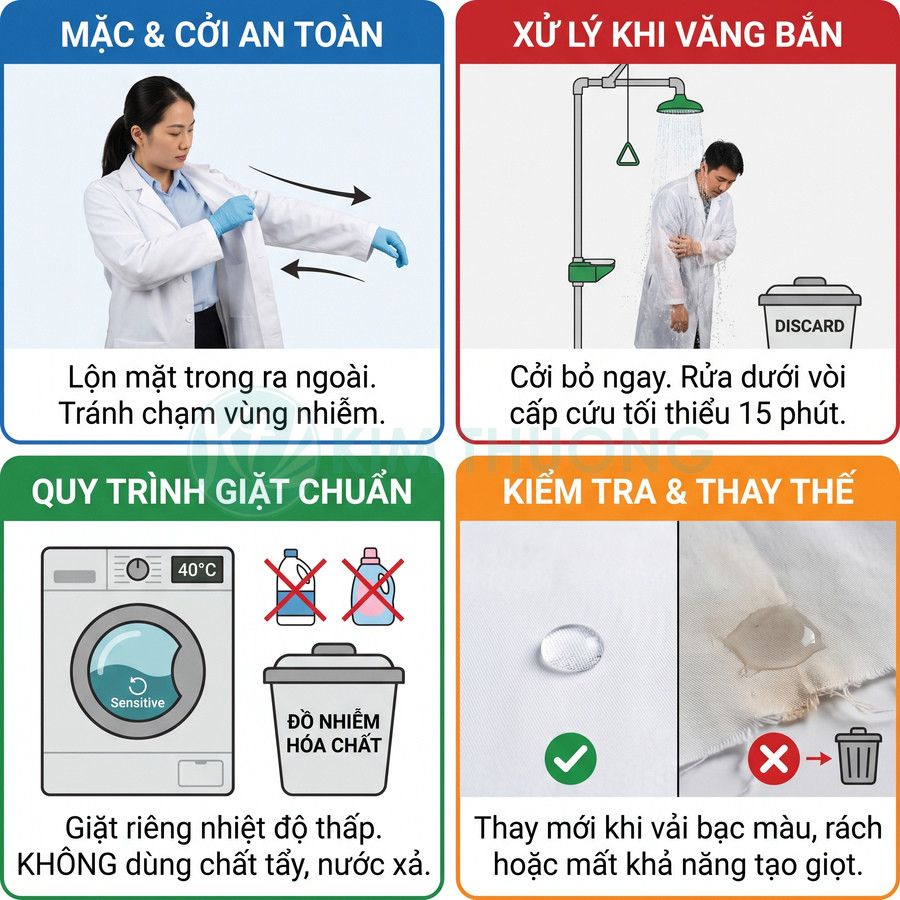 Hướng dẫn mặc, cởi, giặt và kiểm tra áo choàng bảo hộ, thay mới khi vải bạc màu, rách hoặc mất khả năng tạo giọt.