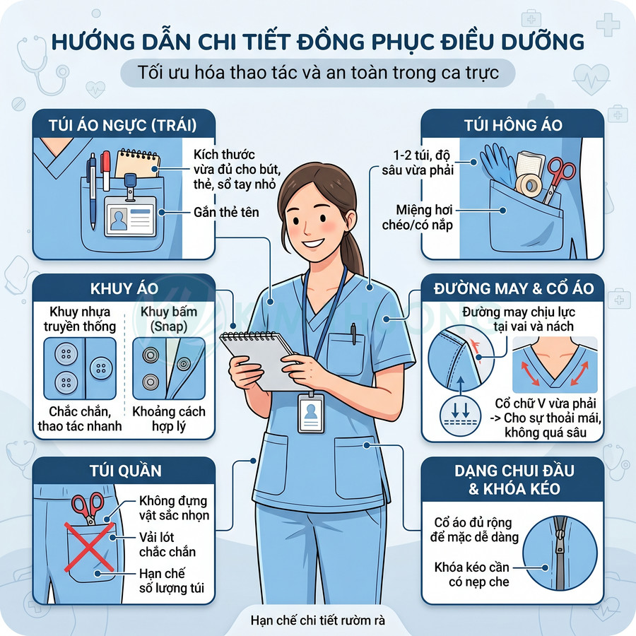 Đồng phục điều dưỡng màu xanh với nhiều túi tiện dụng, cổ V, khuy bấm và đường may tối ưu cho ca trực