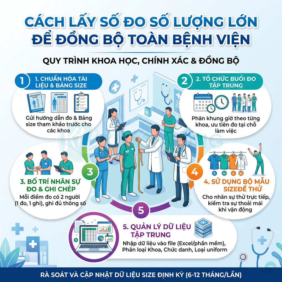 Quy trình đo size đồng phục y tế cho bệnh viện với nhân viên y bác sĩ và bảng hướng dẫn chi tiết