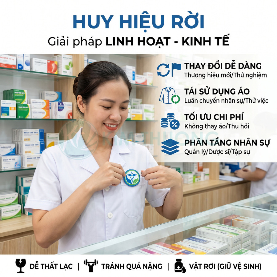 Dược sĩ gắn huy hiệu rời lên áo blouse trong nhà thuốc, giới thiệu giải pháp huy hiệu linh hoạt tiết kiệm chi phí