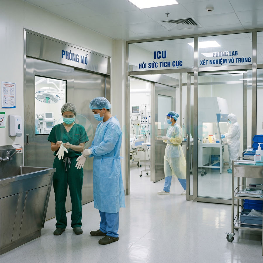 Bác sĩ và nhân viên y tế chuẩn bị phẫu thuật trước phòng mổ và ICU trong bệnh viện hiện đại