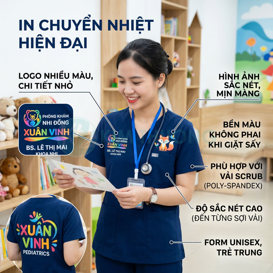Đồng phục y tá phòng khám nhi Xuân Vinh in chuyển nhiệt logo nhiều màu sắc nét trên vải scrub xanh navy