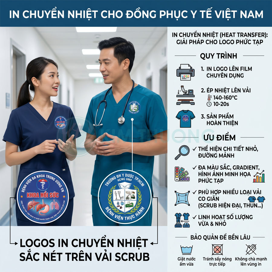 Đồng phục y tế scrub in chuyển nhiệt logo bệnh viện sắc nét cho bác sĩ và điều dưỡng