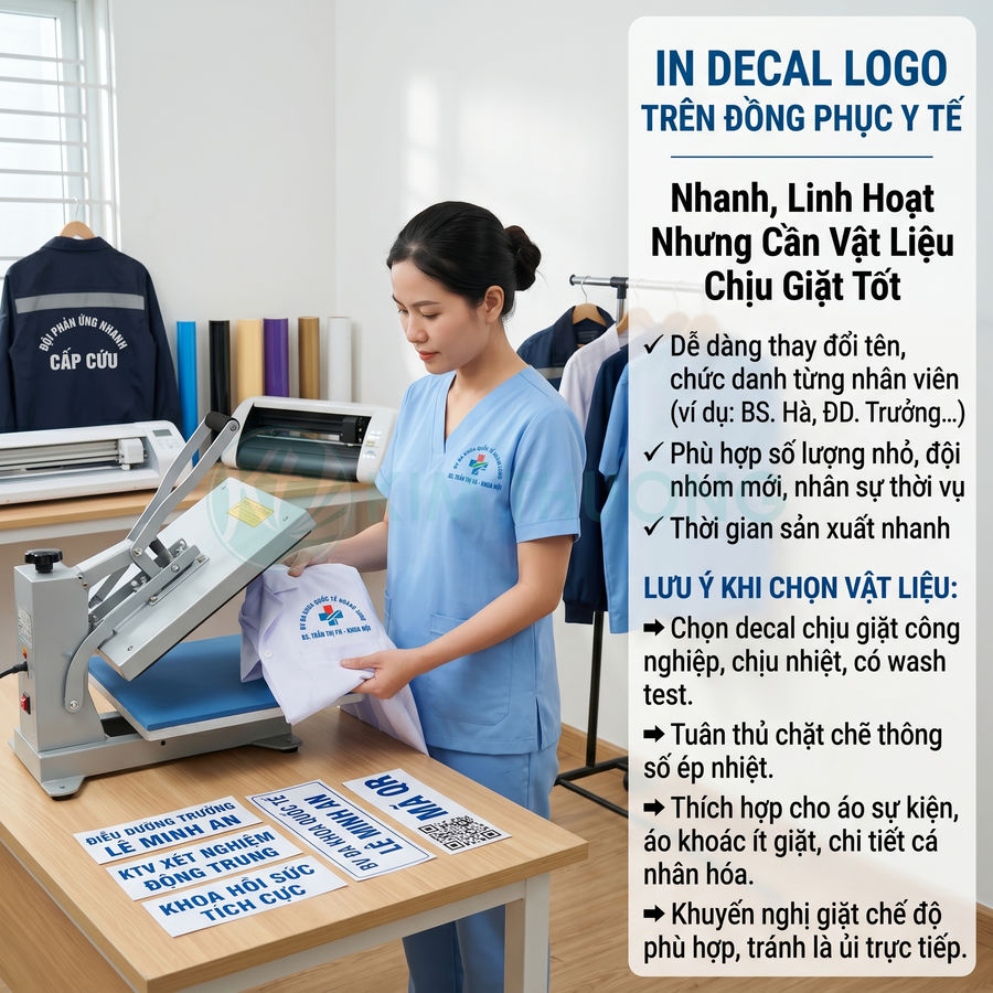 In decal logo trên đồng phục y tế với máy ép nhiệt, nhân viên mặc scrubs xanh đang ép logo lên áo trắng