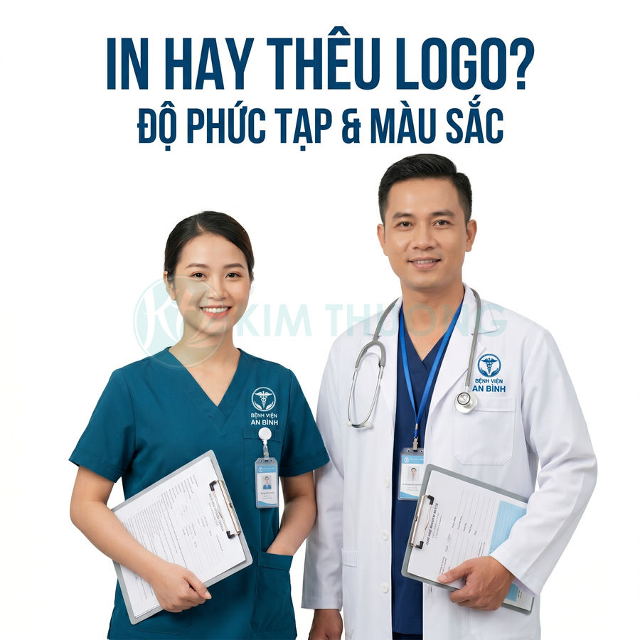 Đồng phục y tá và bác sĩ bệnh viện An Bình với logo in trên áo và bảng tên cài ngực
