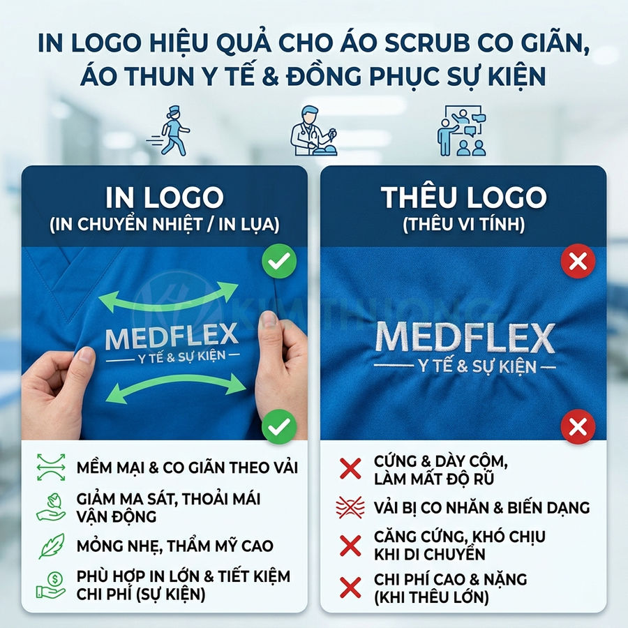 So sánh in logo và thêu logo trên áo scrub y tế màu xanh thương hiệu Medflex