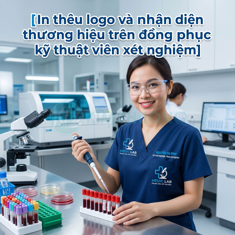 Đồng phục kỹ thuật viên xét nghiệm thêu logo Medic Lab và tên nhân viên trong phòng thí nghiệm hiện đại