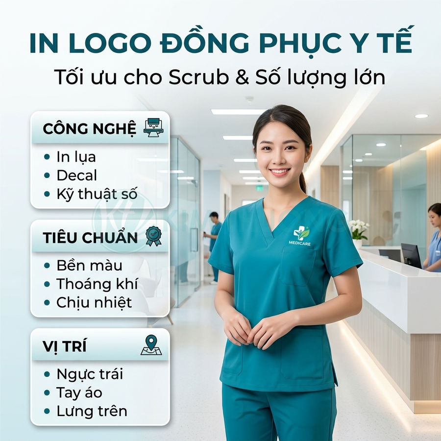 Đồng phục y tế màu xanh in logo Medicare cho nhân viên bệnh viện đứng tại quầy lễ tân